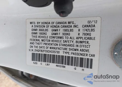 2012 Honda Civic Lx z USA, uszkodzony, nr VIN 2HGFB2F55CH335730